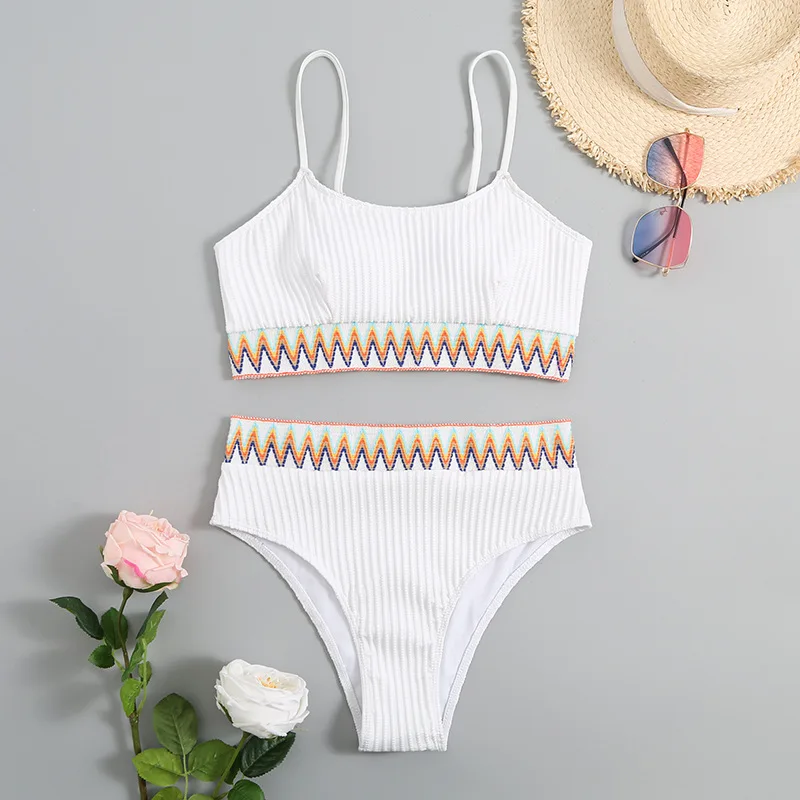 

2023 Women Two Piece Scoop Neck Bikini Crop Top Cut Ribbed Sporty High Waisted Bathing Suit With Bottoms Set