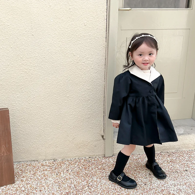 

Тренчкот для девочек в стиле Хепберн, демисезонное черное винтажное длинное платье-ветровка для маленьких девочек, пальто, одежда для девочек