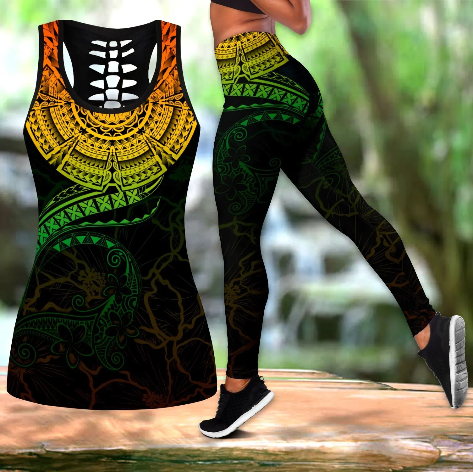 

Polynesian Tattoo Pattern 3D Printed Hollow Tank Top & Leggings Set Fitness Female Full Length Leggings Running Pants DDT32