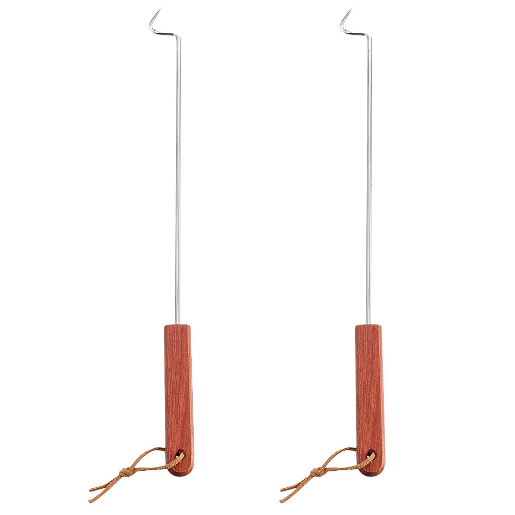 

2 Pcs Stainless Steel Hook Lamb Chop Fork Wooden Handle Cooking Turner Meat Hooks Bbq Roasting