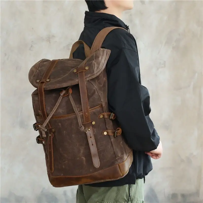Men Women Laptop Daypacks Waterproof Canvas Rucksacks Large Waxed Mountaineering Travel Pack