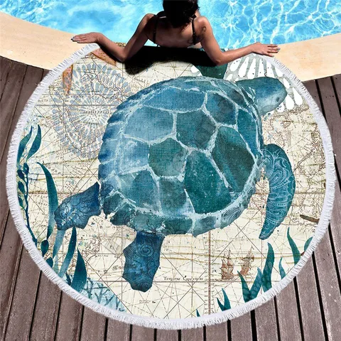 Пляжное полотенце, шаль, быстросохнущее большое круглое пляжное полотенце для плавания, спортзала, кемпинга, черепаха/осьминог/морской лошадь, пляжное полотенце с 3D принтом 02