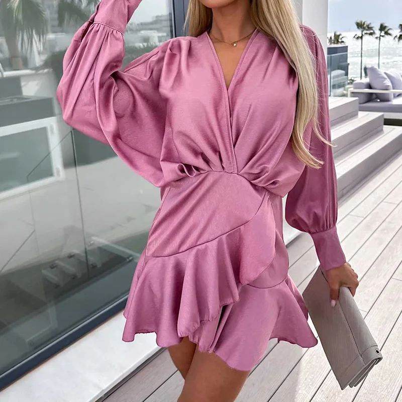 

Элегантное офисное женское короткое платье с длинным рукавом, Шикарное облегающее платье для отпуска с оборками, модное женское однотонное атласное мини-платье с V-образным вырезом и поясом