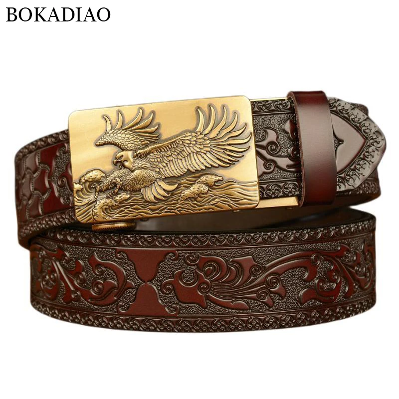 BOKADIAO New Men Genuine Leather Belt Luxury Eagle Metal Automatic Buckle Cowhide Belts for Men Jeans Waistband Male Strap Black