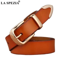 la spezia brown genuine leather women belt gold metallic waist belts female fashion jeans belt ladies pin buckle 120cm