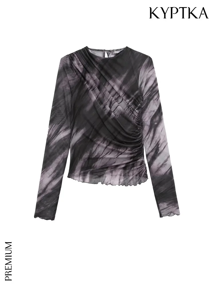 

Женская блузка с рюшами KYPTKA, белая винтажная блузка из тюля с длинным рукавом и круглым вырезом, 2019