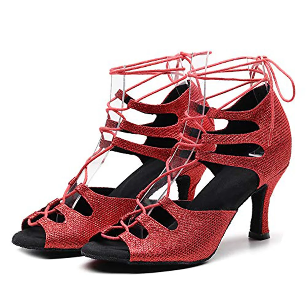 Women's High Heels Latin Dance Shoes Red Glitter Soft Sole Ballroom Shoes Salsa Tango Shoes Party Sandals 7cm 9cm