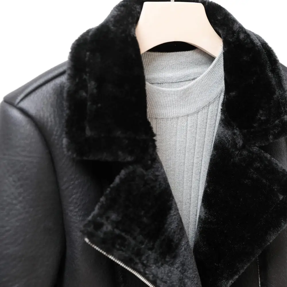 2022 New Winter Faux Shearling Sheepskin Coats Women Thick Warm Pu Faux Lamb Leather Jacket Black Motorcycle Female Overcoat Top