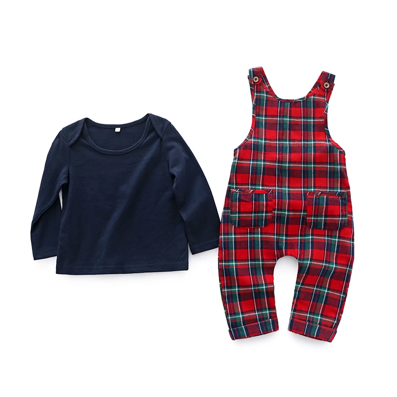 

Toddler Baby Boy Christmas Outfit Solid Color Long Sleeve Shirts Plaid Suspender Pants Overalls Christmas Jumpsuit