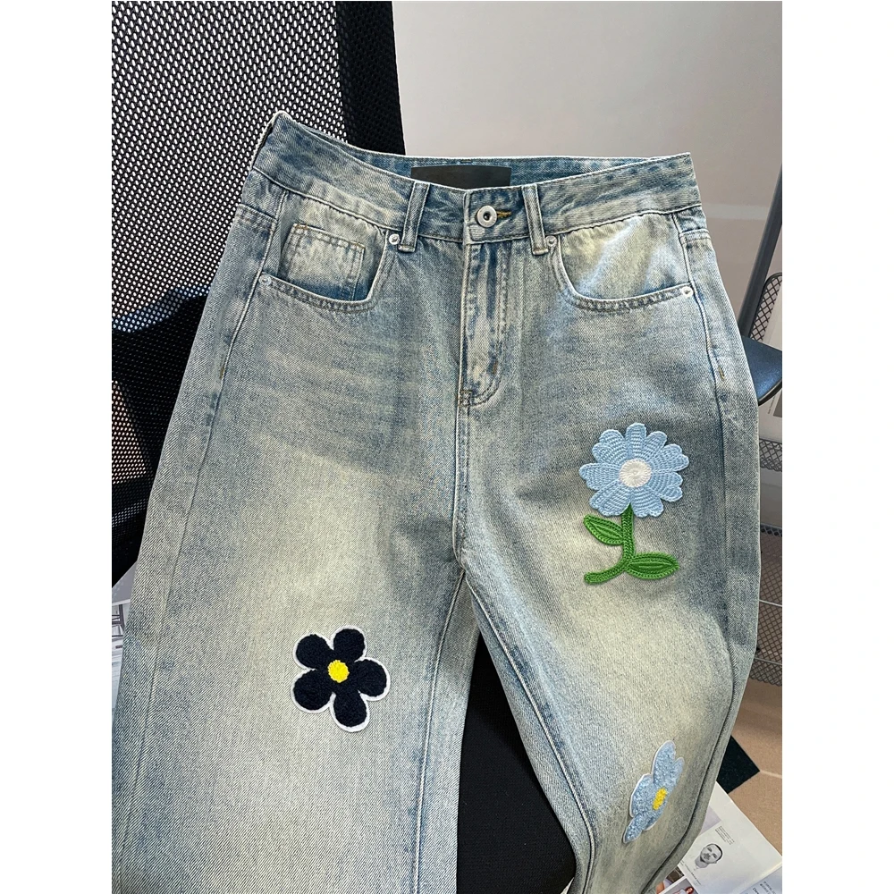 Женские широкие джинсы с цветочной аппликацией Vinatge прямые свободные джинсовые