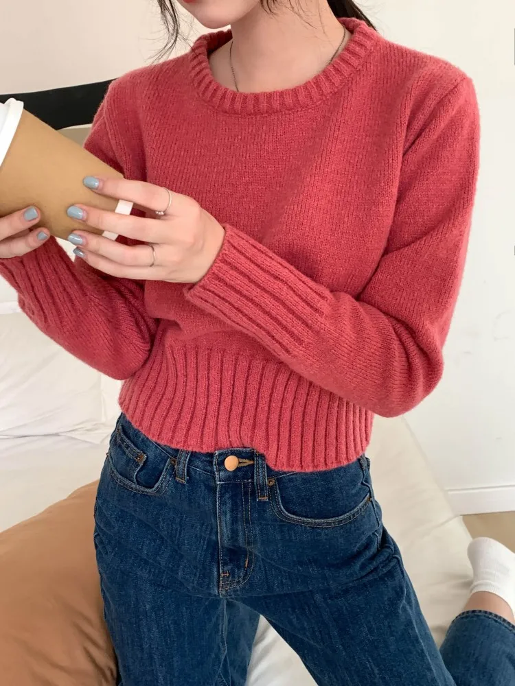 

Женский трикотажный свитер с круглым вырезом, повседневный пуловер в Корейском стиле, 6 цветов, X2193, 2022