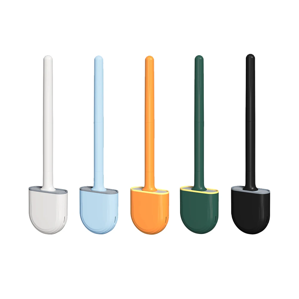 

Toilet Brush Water Leak Proof With base Silicone Wc Flat Head Flexible Soft Bristles Long Handled Brush with Quick Drying Holder