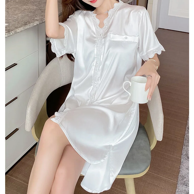 

Women's Nightdress Summer Ice Silk Breathable Cool Korean Luxury High-grade Pajamas New Short Sleeved Satin Nighty Sexy Robe