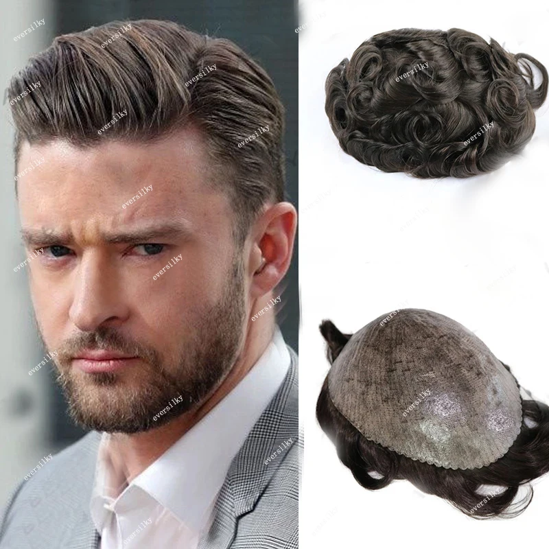 Men Wig Human Hair Microskin Capillary Prosthesis Thin Skin Full PU Toupee Straight Or Wave Natural Hairline Replacement System