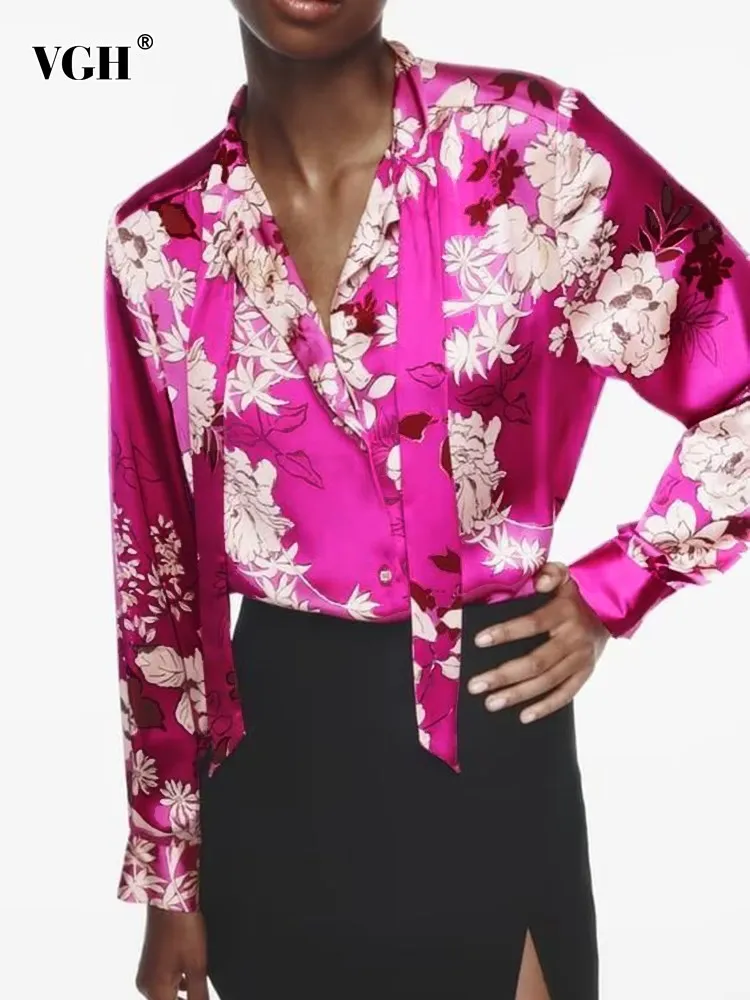 

VGH hit color floral printing vintage blouse for women v neck long sleeve patchwork lace up casual loose shirt female fashion