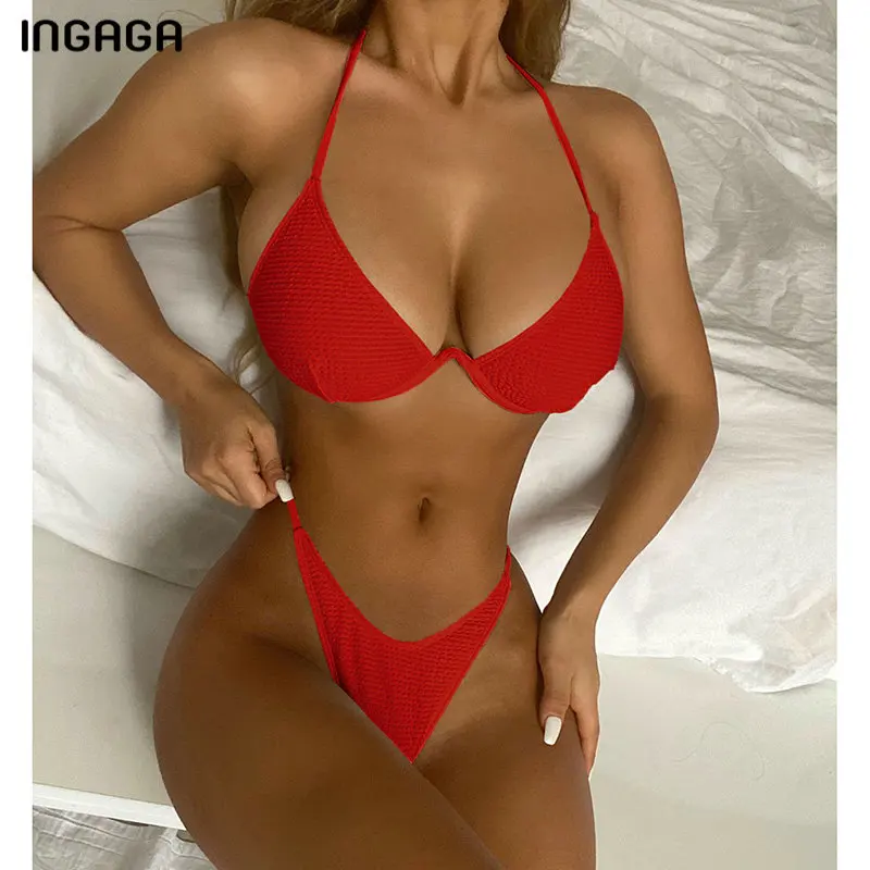 

Бикини пуш-ап женское в рубчик, с лямкой на шее