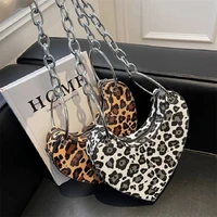 brand new personality contrast color handbag for women leopard print metal chain heart shaped love armpit bag shoulder bag