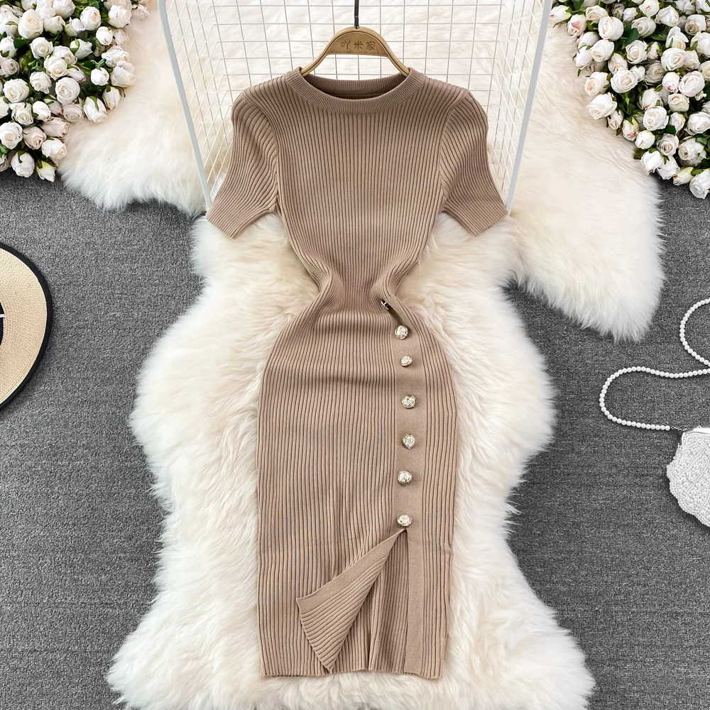 

Женское трикотажное платье с круглым вырезом, Новинка лета, облегающее и облегающее платье в стиле ретро со средним разрезом, сексуальное о...