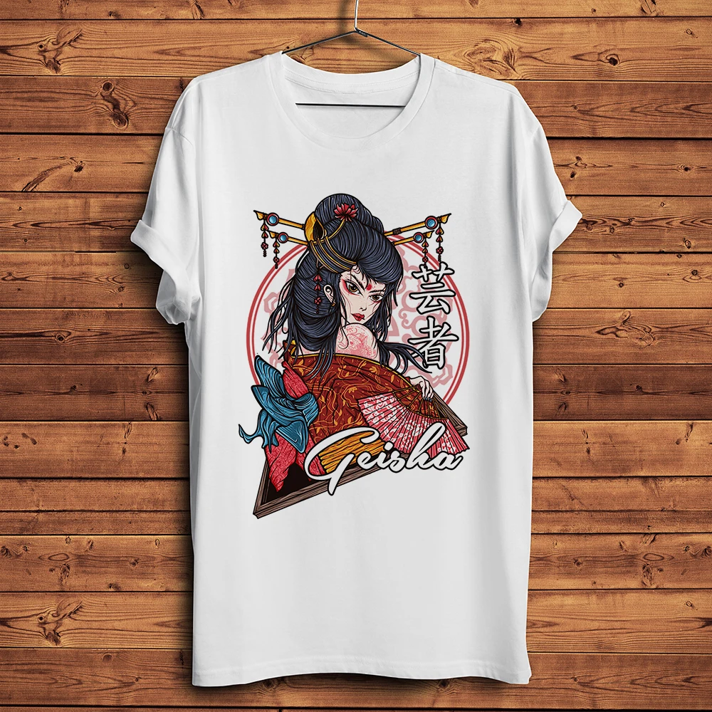 

Japan Traditional Geisha Girl Funny Anime T-shirt Men Summer New White Casual Short Sleeve Cotton Shirt Unisex Streetwear Tee