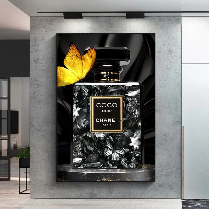 Black Perfume Bottle Yellow Butterfly Luxury Art Canvas Painting Poster Fashion Wall Art Pictures Modern Living Room Home Decor