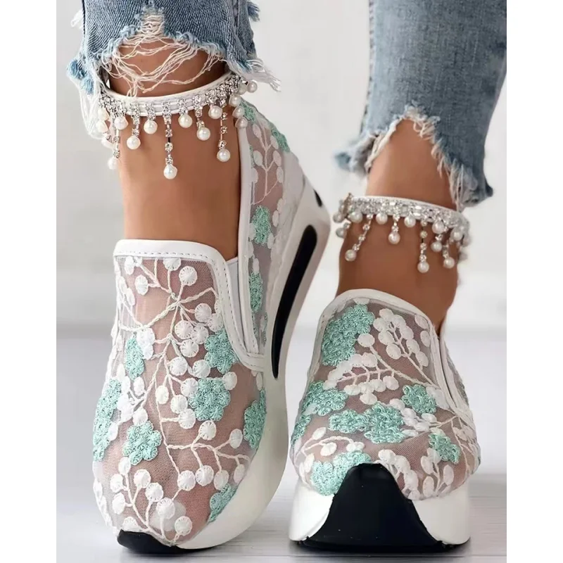 Women's Sneakers Floral Embroidery Mesh Sneakers for Women Slip on Casual Comfy Heeled Shoes Woman