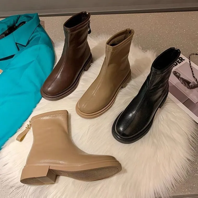 

Short boots women's spring and autumn single boots 2021 new rear zipper Martin square head flat bottom Plush women's Boots