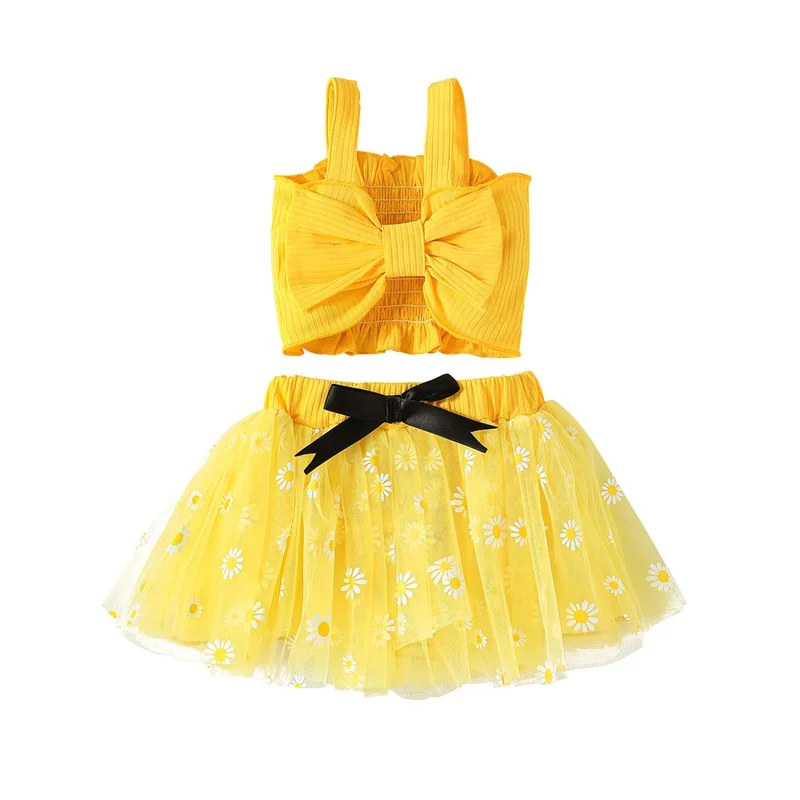 

Kid New Born Child Girls Skirt Set Sleeveless Pleated Vest Daisy Tulle Skirt Summer Casual Outfit Baby's Clothing Sets