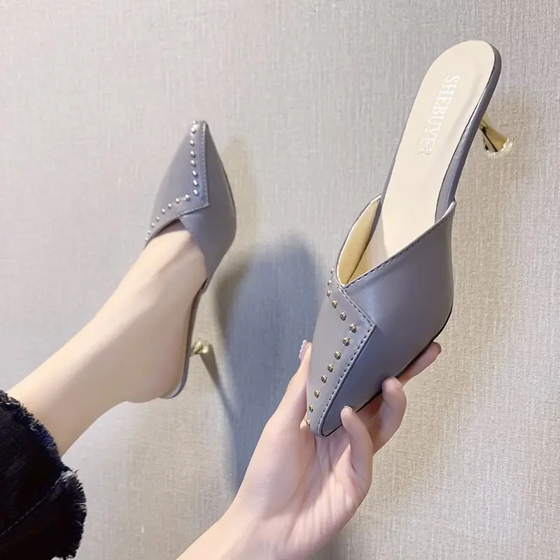 

Thin Heels Shoes Woman's Slippers Rivet Slides Pointed Toe Heeled Mules Fashion 2022 High Luxury Cover Sewing Fabric Rubber Scan