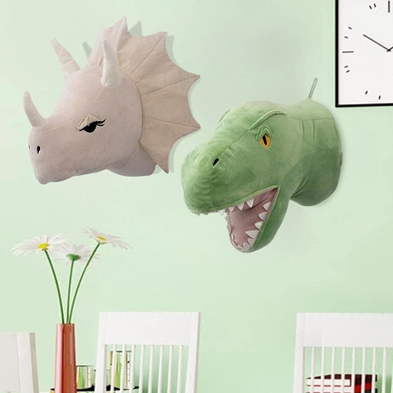 

2 Pieces Dinosaur Head Wall Ornaments 3D Cute Nursery Room Living Room Baby