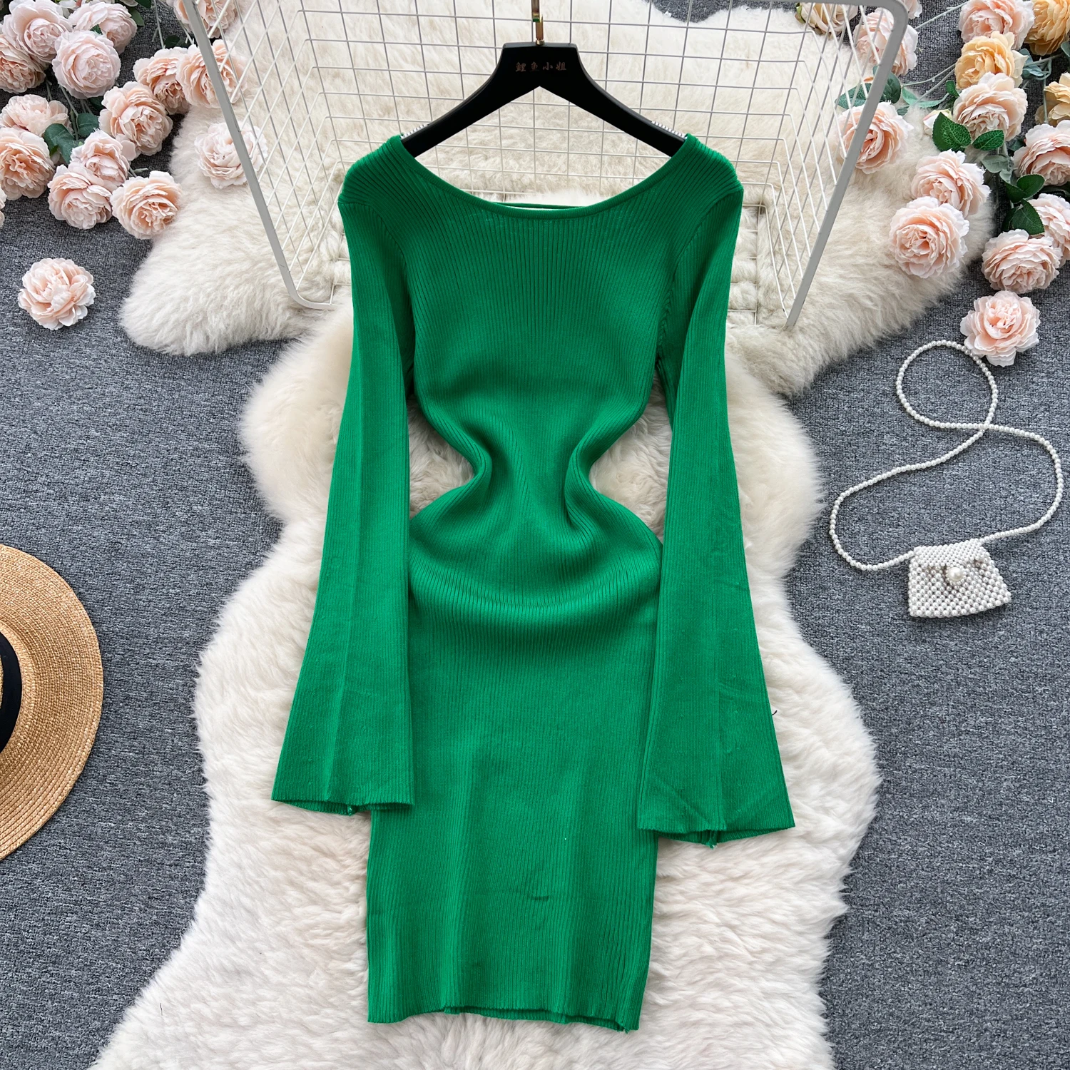 

Elegant O-neck Flare Long Sleeve Hollow Backless Knit Bodycon Dress Slim Fashion Sweater Vestido Sexy Women Autumn Clothing