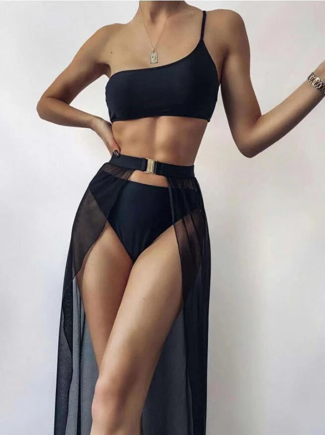

3PCS See Through Mesh Bikini Cover Up Set Women Bathing Outfits Adults Solid Color One Shoulder Bikini Top with Chest Pads Thong