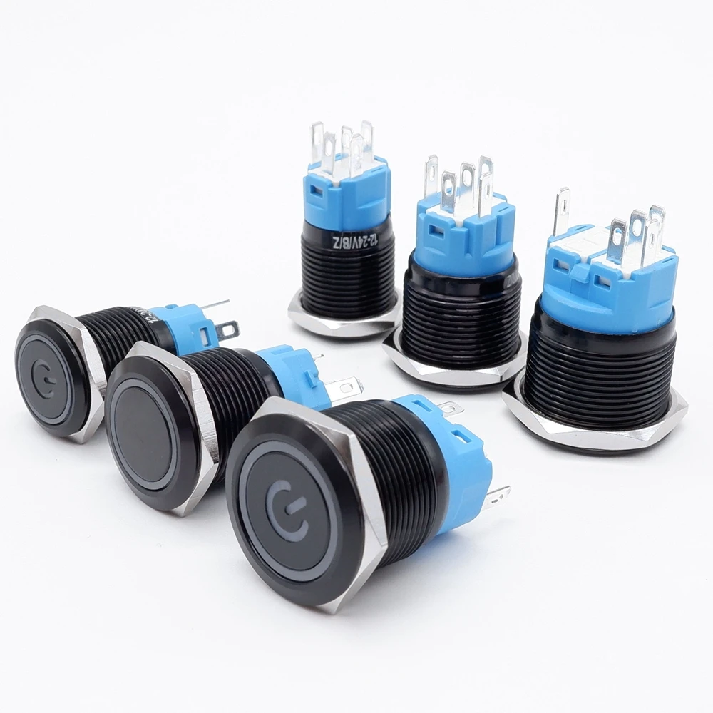Фото Black Latching Push Button Switch 16/19/22mm with Led Light Waterproof Illuminated  ON OFF Metal Momentary 5V 12V 220V Red Blue №4