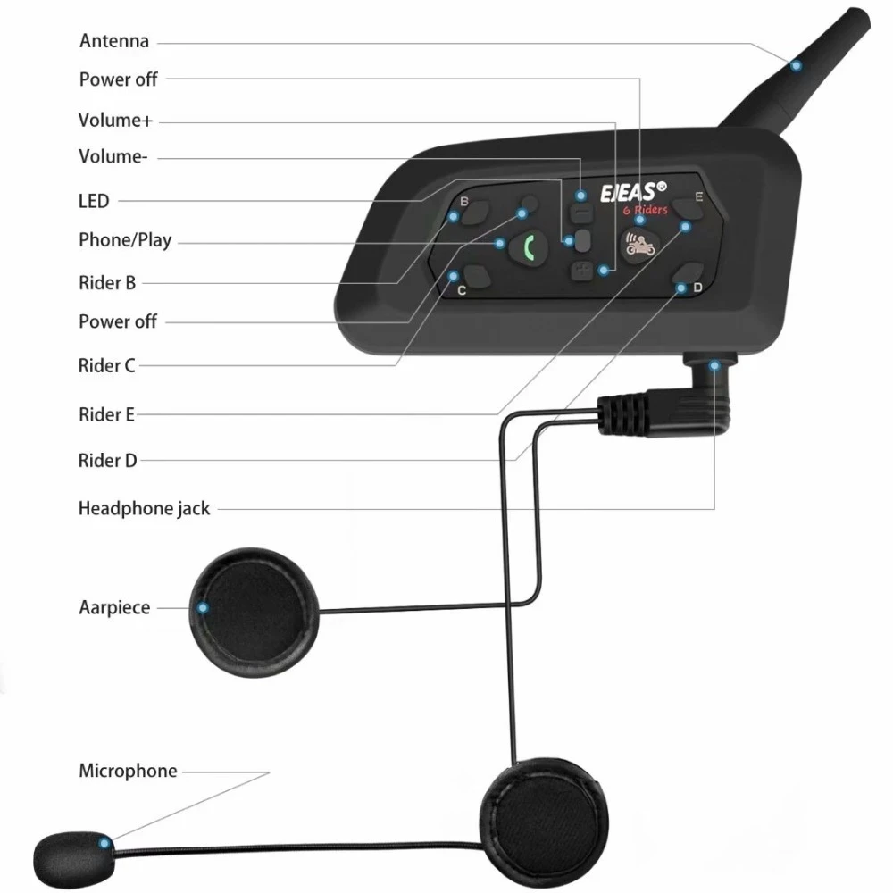 EJEAS V6 PRO Bluetooth Motorcycle Helmet Intercom Headphone Microphone BT intercomunicador moto for 6 Riders 1200M Waterproof - купить по