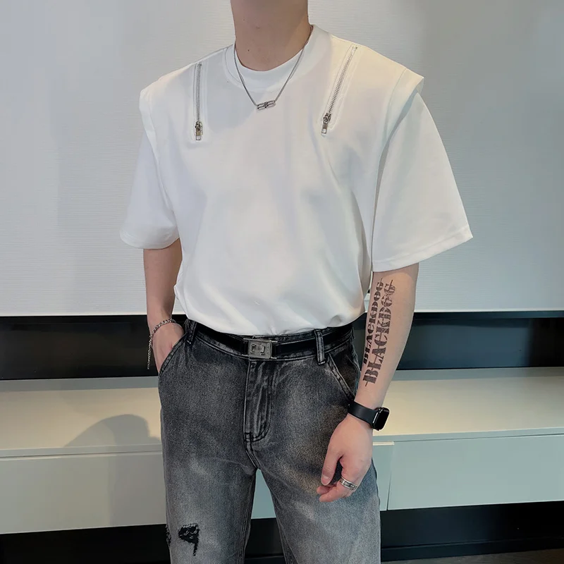 

Summer Short Sleeve T-shirt Men Fashion Oversized Zipper Black White T Shirt Men Streetwear Korean Loose O-Neck Tshirt Mens Top