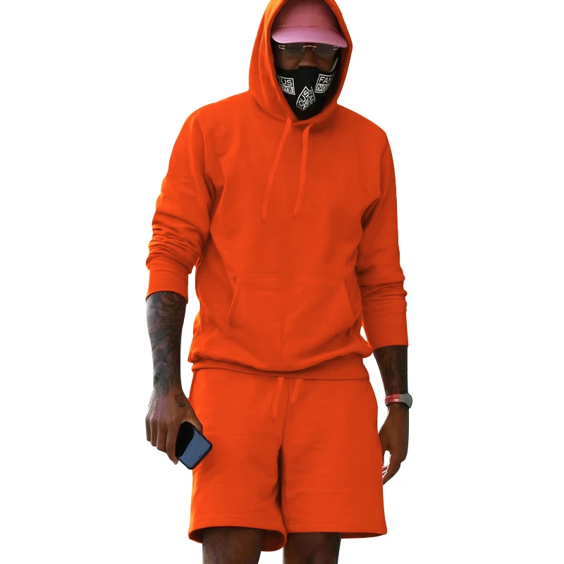 

2023 New Hot Selling Spring/Summer Men's Hooded Solid Color+Elastic Drawstring Waist Shorts Two Piece Fashion Casual Sports Set