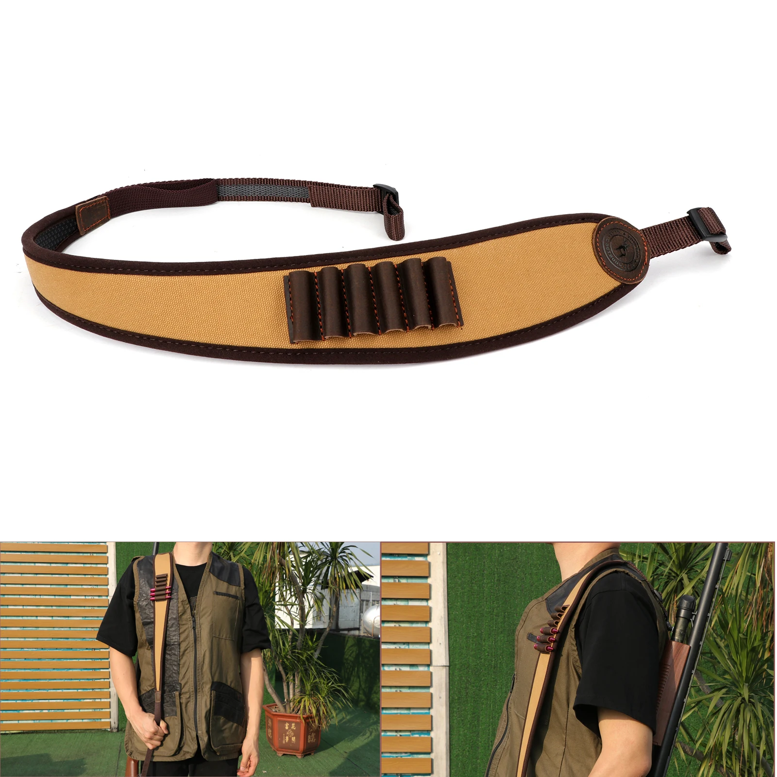 

Tourbon Canvas & Leather Tactical Rifle Sling Gun Shoulder Strap with Cartridges Holder Khaki Shooting Hunting Accessories