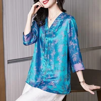 2022 chinese traditional hanfu tops national flower print qipao cheongsam shirt retro satin blouse oriental tang suit shirts