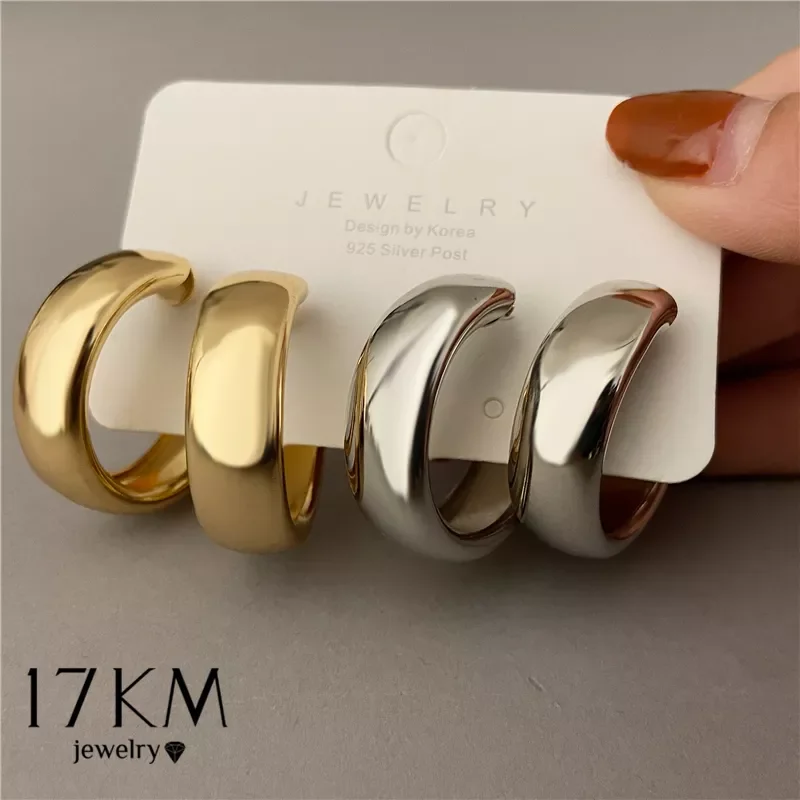

17KM Trendy Simple Silver Color Hoop Earrings For Women Girl Gold Circle Round Minimalist Earrings Party 2021 NEW Jewelry