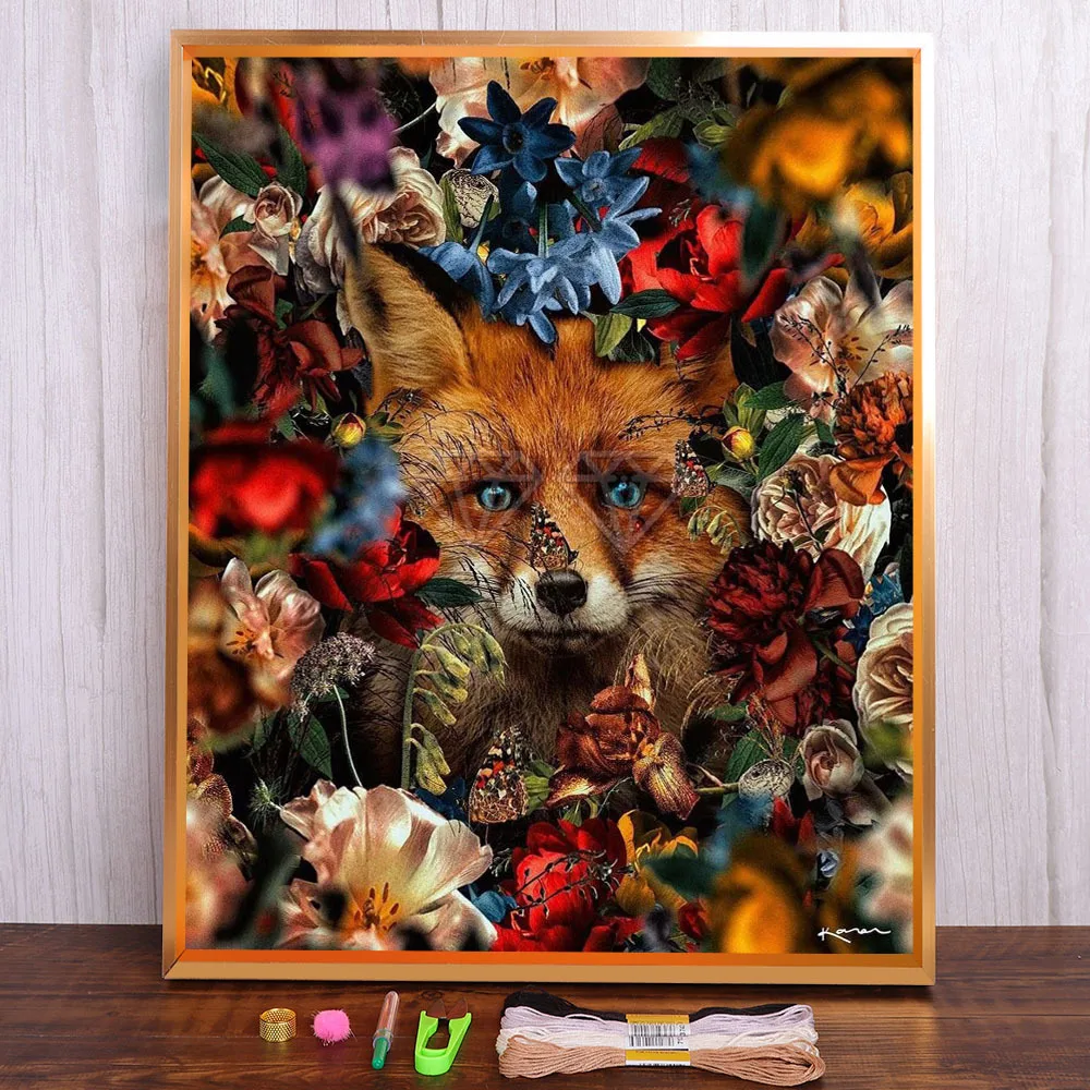 

Flower Animal Cat Tiger Lion Fox Printed 11CT Cross-Stitch DIY Embroidery Patterns DMC Threads Needlework Craft Jewelry