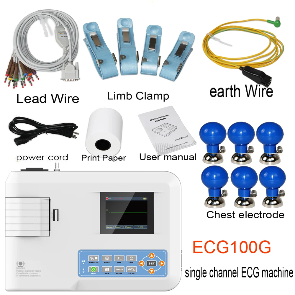 CONTEC CE ECG100G Single Channel Elektrokardiograph EKG Machine Monitor Cable Portable + Printer ECG |