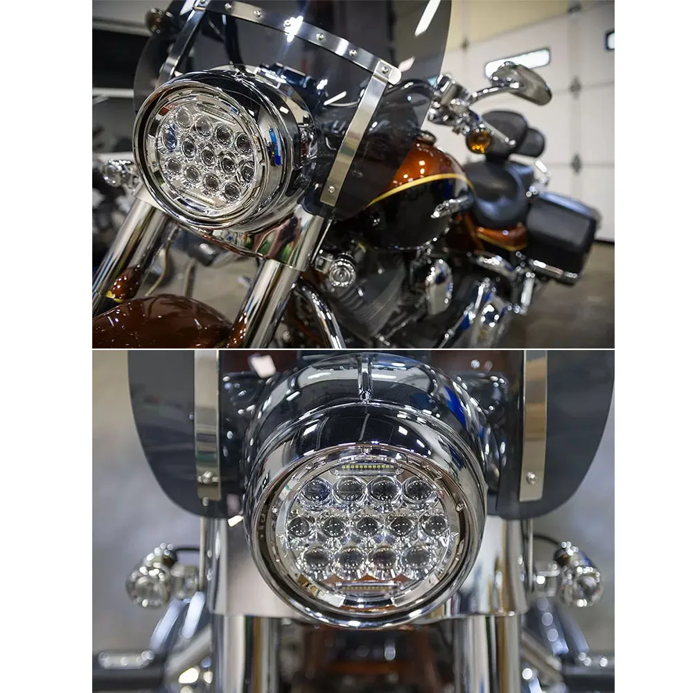 Black/Chrome 7&quot Inch H4 LED Moto Headlight For Harley Softail Slim Fat Boy 7inch Halo Angel Eye DRL DOT Led Motorcycle Headlamp |