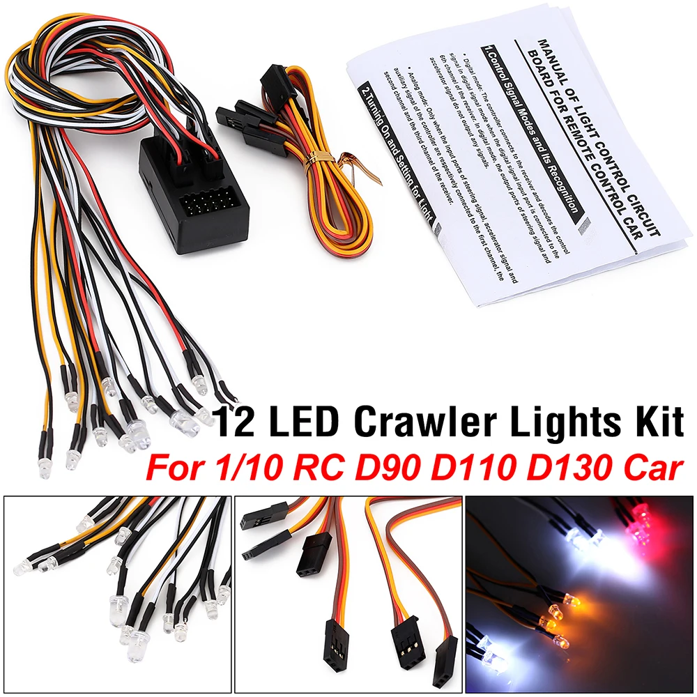 RC Car Light 12 LED Flash Lights Kit for 1/10 RC Crawler Accessories D90 D110 D130 Defender Hard Body Shell RC Car Parts