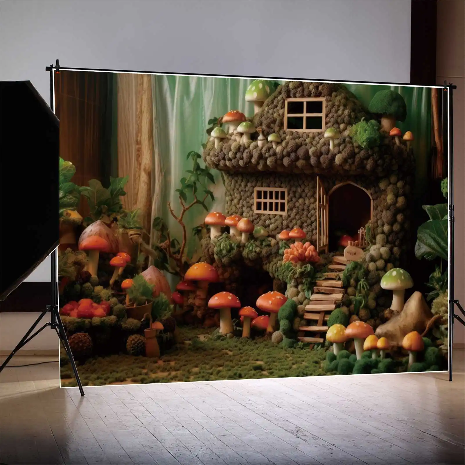 

MOON.QG Backdrop Green Curtain Forest Cabin Birthday Photography Background Customized Mushroom Grass Floor Decor Photo Booth