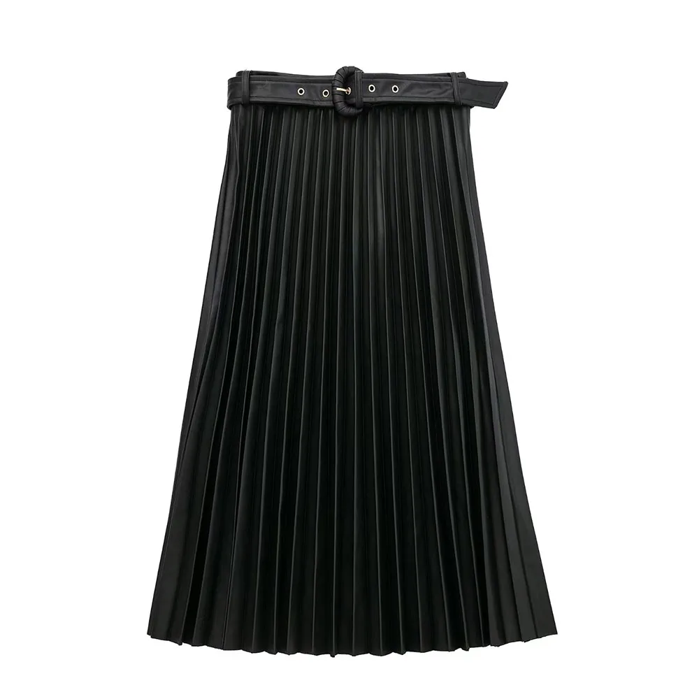 

PB&ZA Women 2022 Autumn New Chic Fashion Imitation Leather MIDI Pleated Skirt Vintage High Waist Female Skirts Mujer