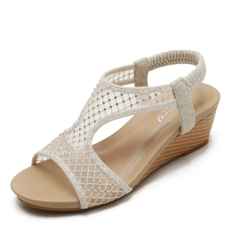 

Women Elastic Band Wedge Sandals Fashion Thick Bottom Flat Shose Mid Heel Breathable Mesh Comfortable Fish Mouth Shoes 2022