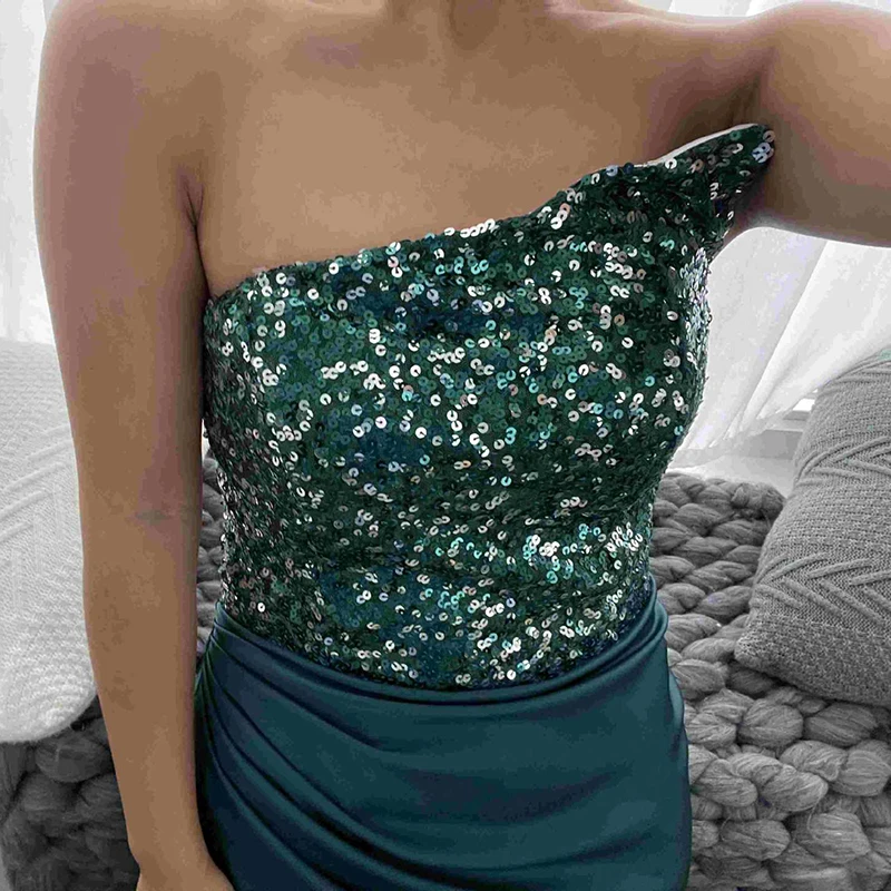 Green Sexy High Slit Sequins Chapel Train Prom Dresses Elegant Soft Satin Formal Evening Party Gowns Robe De Soiree Backless
