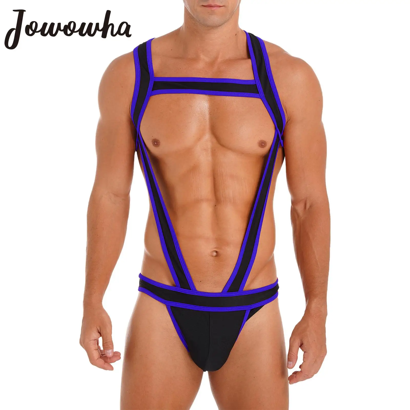 

Mens Lingerie Contrast Color Trim Jockstrap Leotard Underwear Nightwear Bulge Pouch Wrestling Singlet Bodysuit Underwear