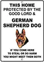

Bobdsa Mrute Metal New Tin Sign Retro German Shepherd Dog Home Protected by Good Lord and Aluminum Metal Sign for Men, Women, Un