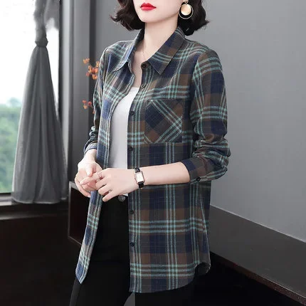 Повседневный хлопковый клетчатый топ женский с длинным рукавом новинка весны и