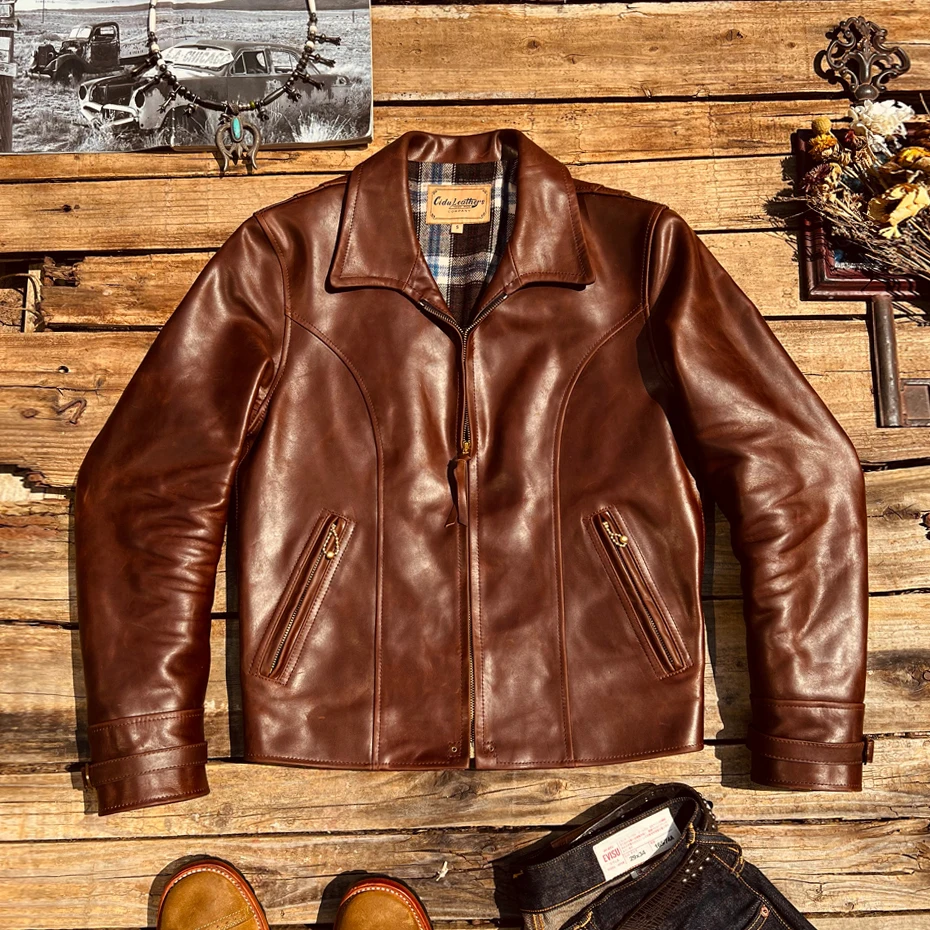 

Tailor Brando 21-177 Super Top Quality Italian Waxed Cowhide 1940S Lapel Organ Pleat Vintage Biker Leather Jacket